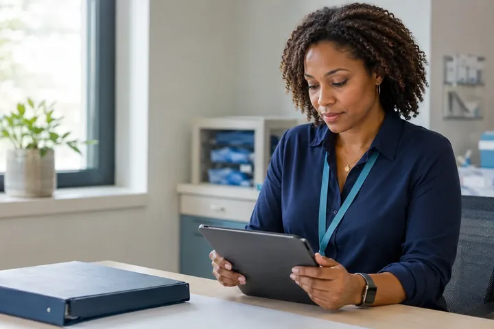 Clinical research coordinator organizing a study workflow at a professional research site