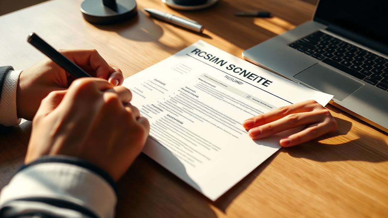 Hands marking up a printed resume on a desk beside a laptop