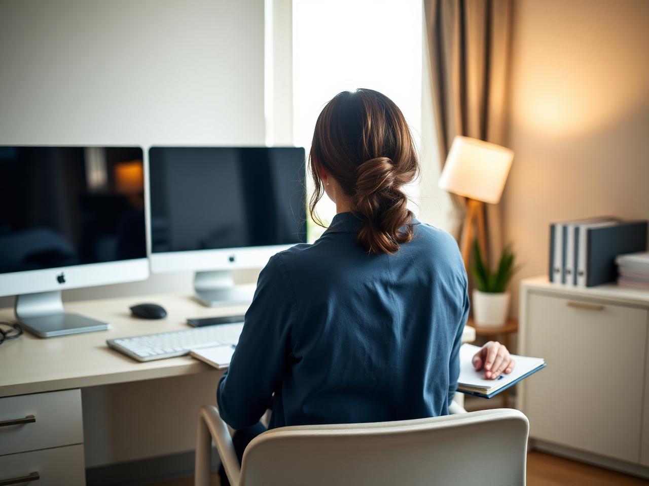 A clinical research professional at a home desk, working through a casebook on one screen while taking notes beside a second screen showing course material