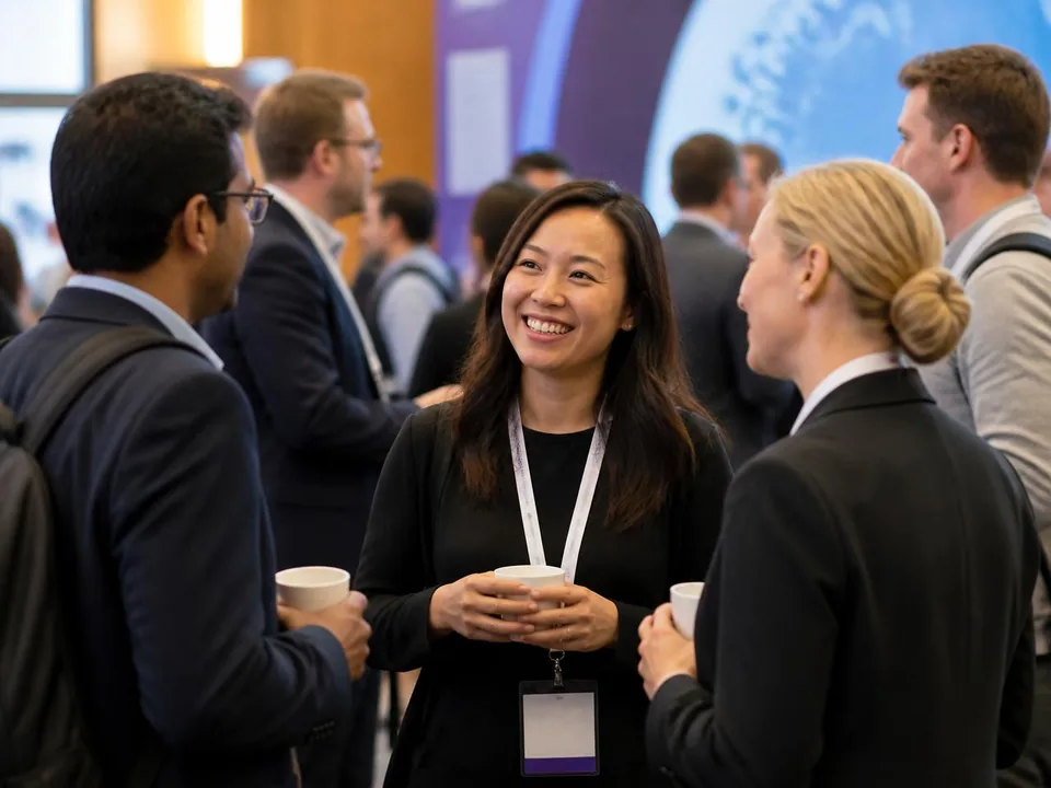Professionals networking between sessions at a life-sciences industry conference.