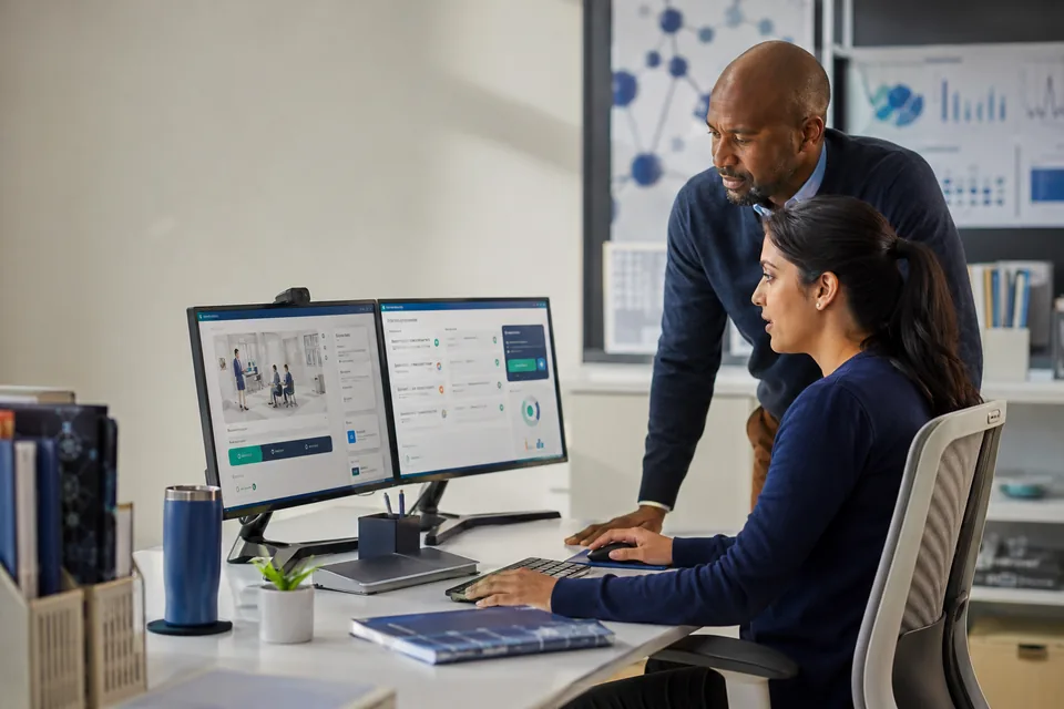 Life-sciences professional completing a digital training simulation with a mentor.