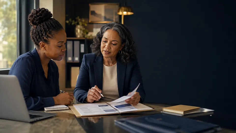 A career coach and a clinical research professional reviewing an application file together at a desk