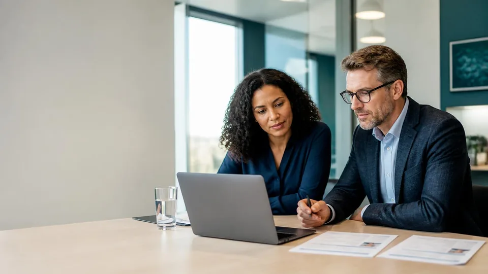 Hiring manager and colleague reviewing a candidate evidence summary on a laptop in a life-sciences office.