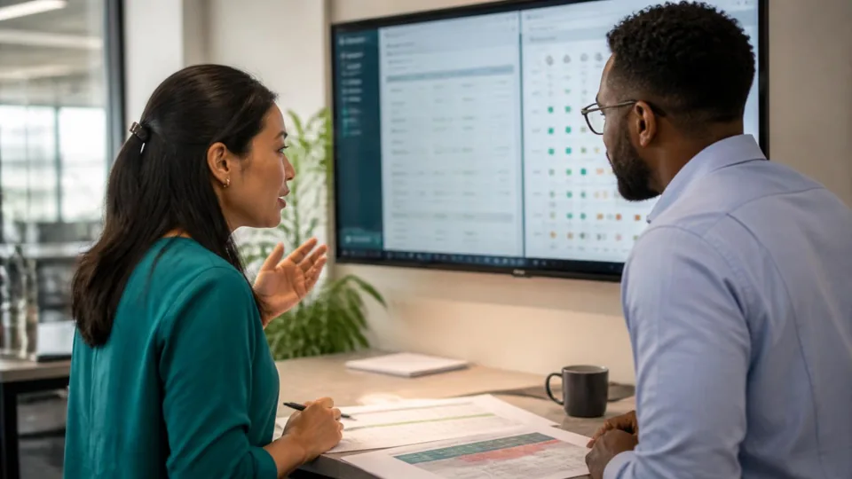 Two colleagues comparing structured assessment results on a wall screen and printed rubric documents during a hiring calibration.