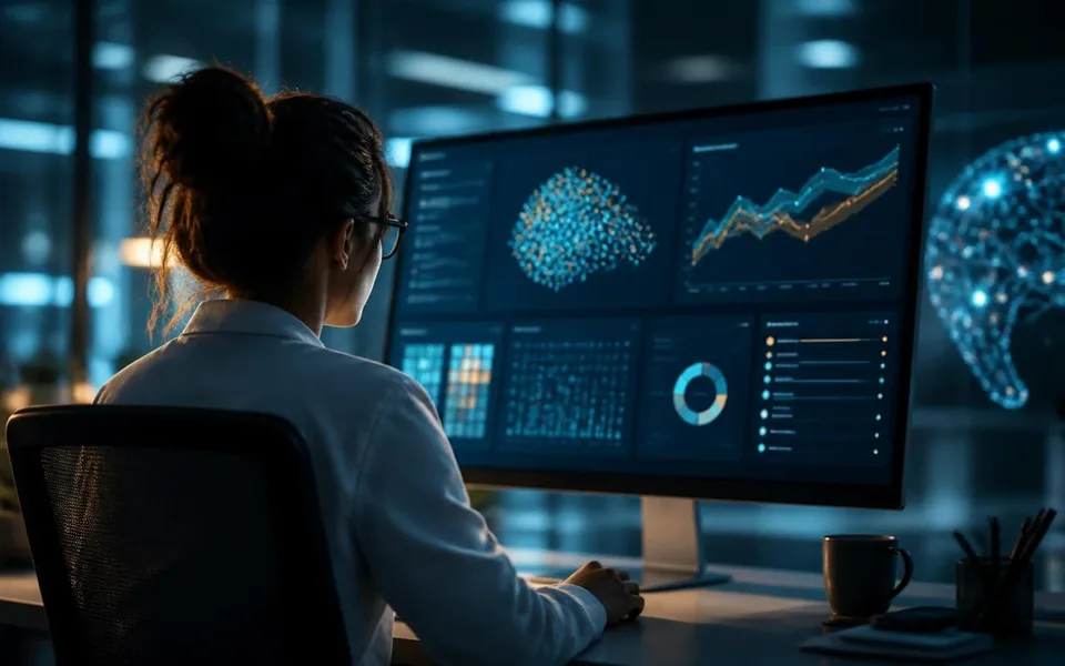 A clinical data analyst reviewing trial data visualisations on a large monitor.