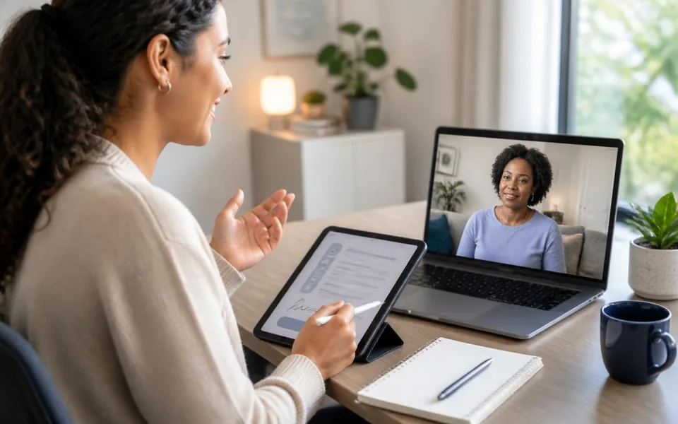 A research coordinator on a video call with a remote participant while reviewing a digital form on a tablet.
