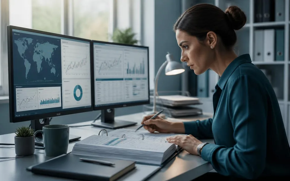 A clinical monitor cross-checking risk indicators on screen against a printed source binder.