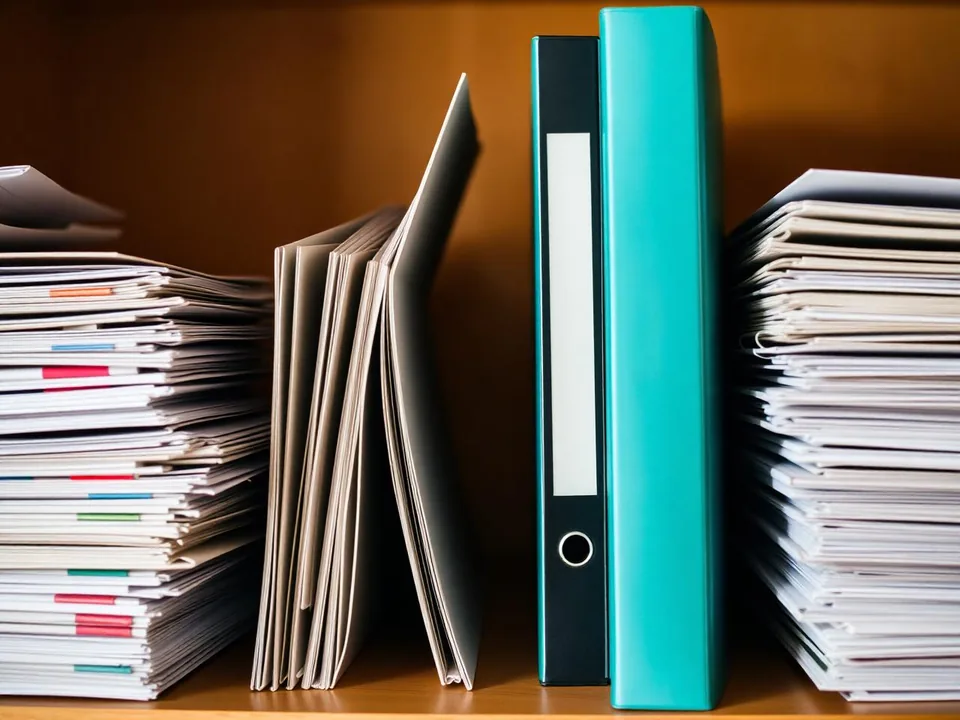 Study binders with coloured index tabs beside stacks of documents.