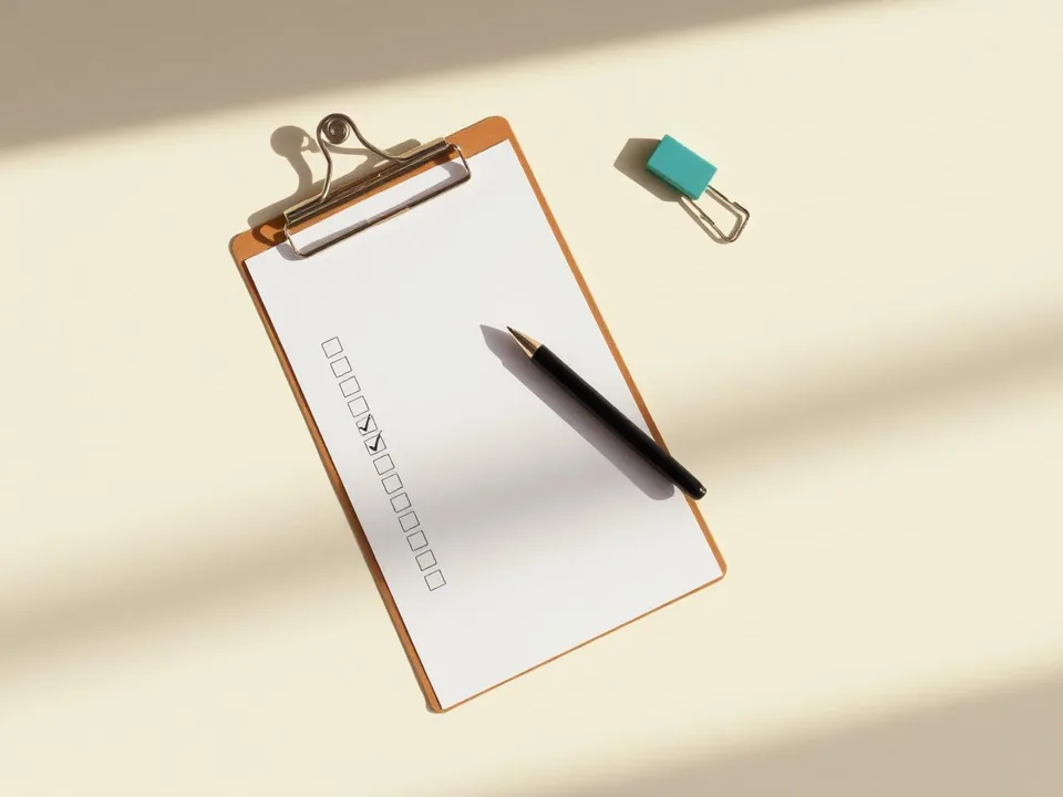 A clipboard holding a blank printed checklist beside a pen on a warm desk.