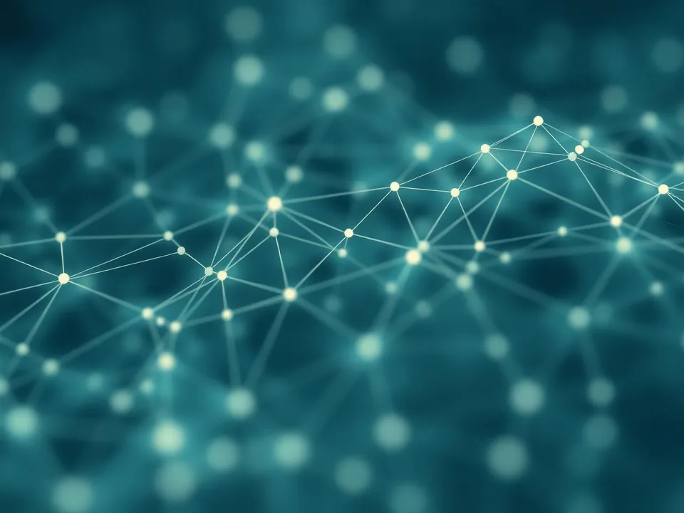 An abstract teal network texture of connected nodes and lines.