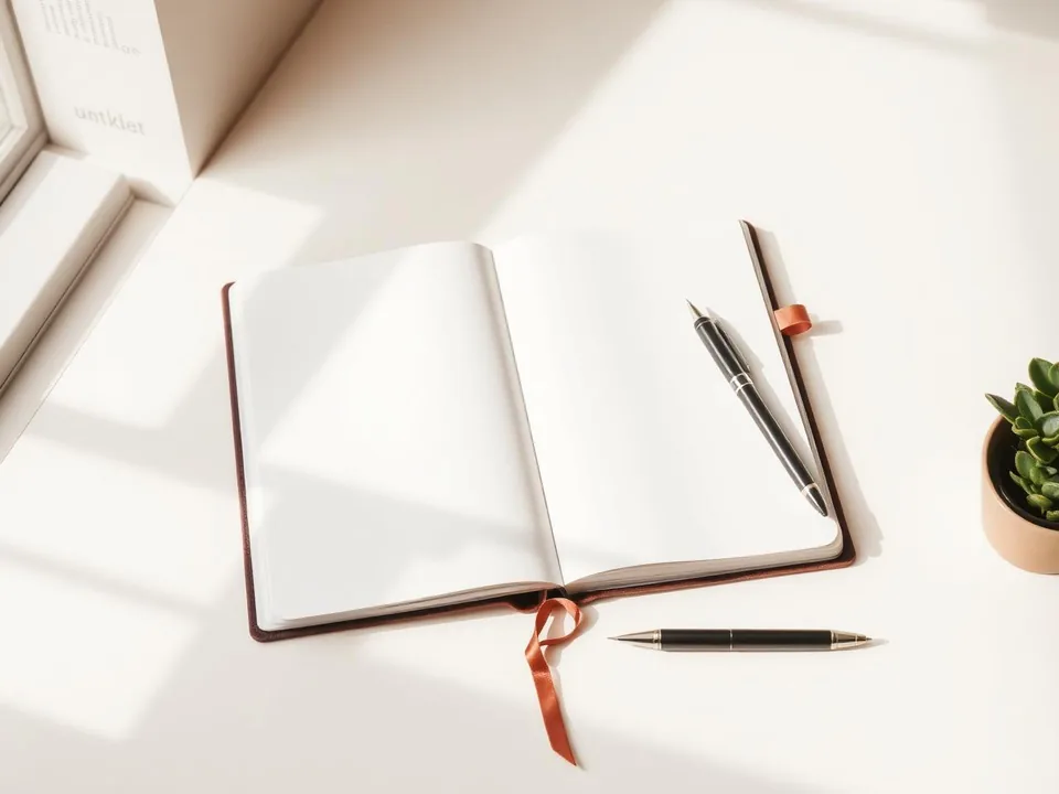 An open blank planner notebook with a pen on a bright desk.