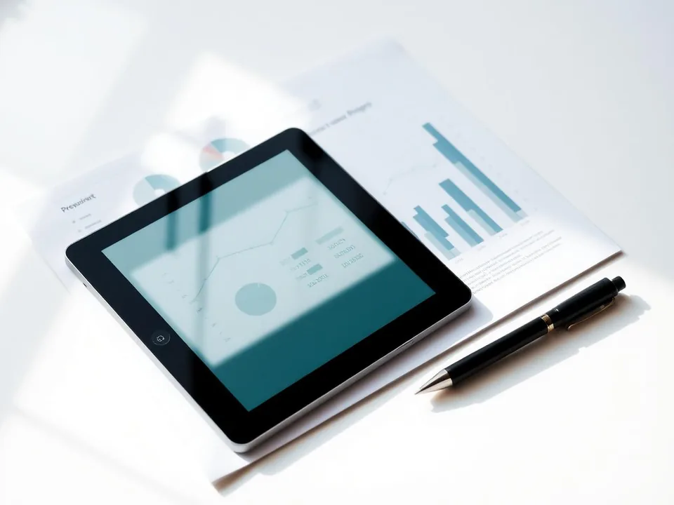 A tablet resting on a printed report with simple charts and a pen alongside.