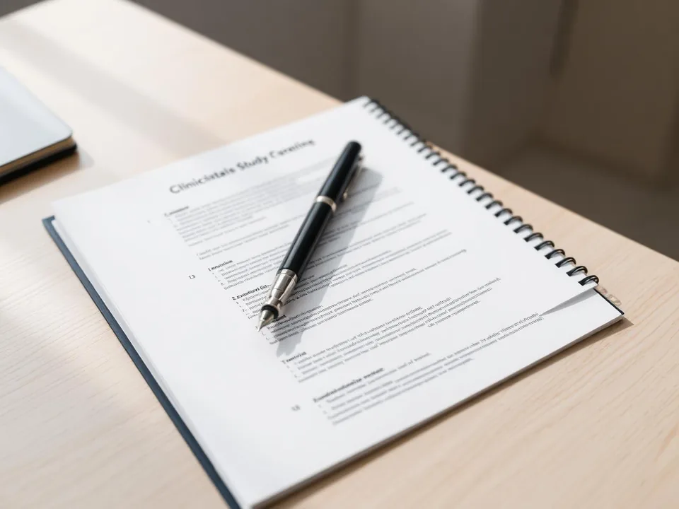 A printed study document with tabbed pages and a pen resting on it.