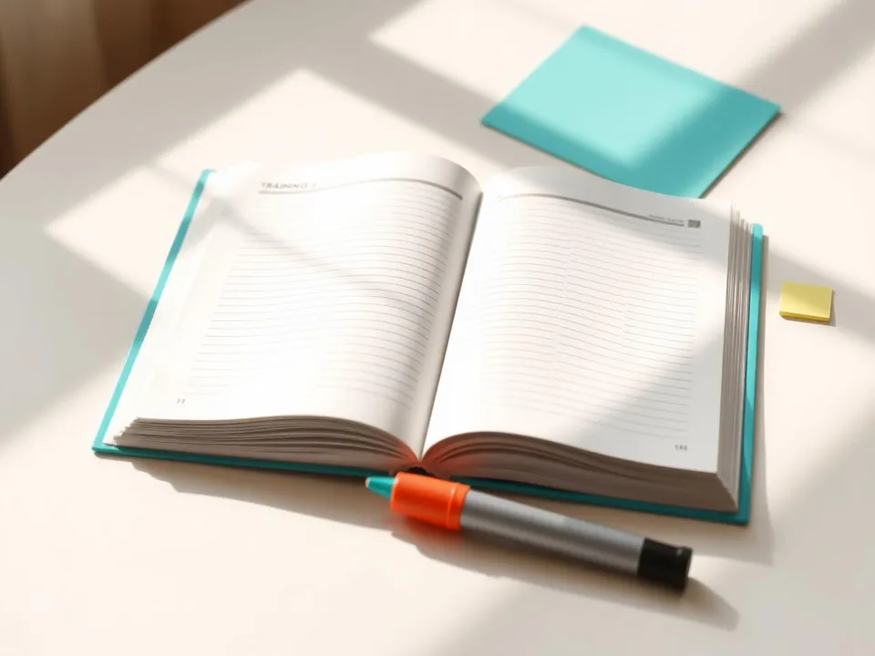 An open training workbook with ruled pages, a highlighter and sticky tabs.