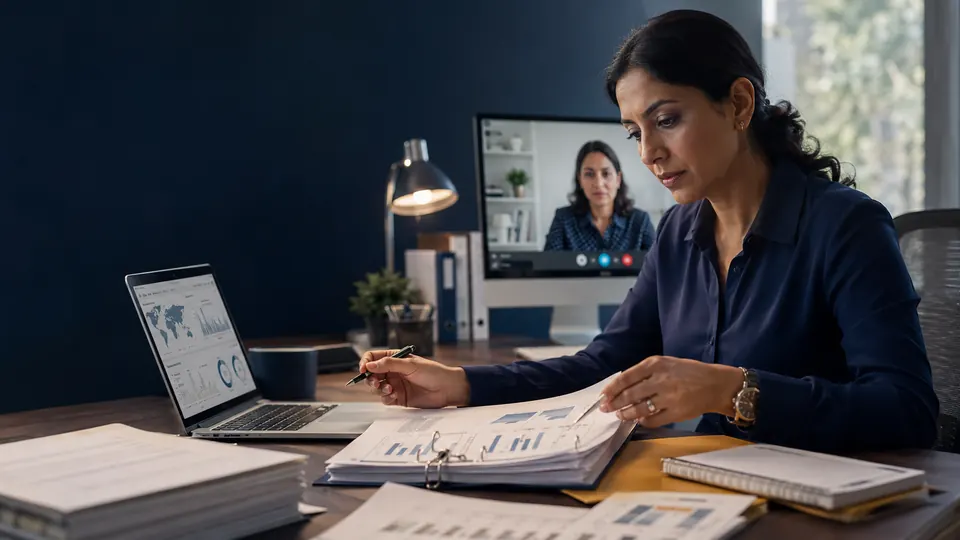 A clinical monitor comparing site data on a laptop against a printed source binder during a remote review