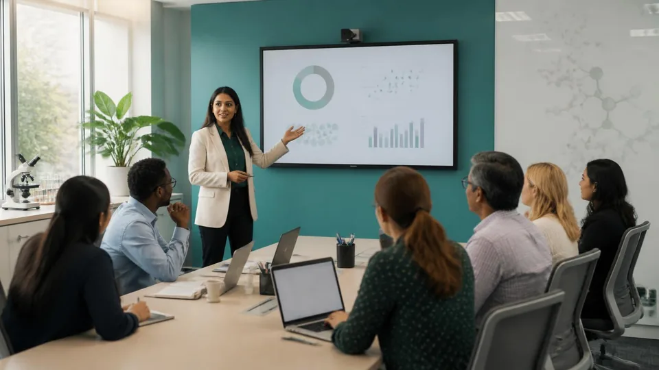 Facilitator presenting to a seated team of colleagues during a training session in a modern life-sciences office.